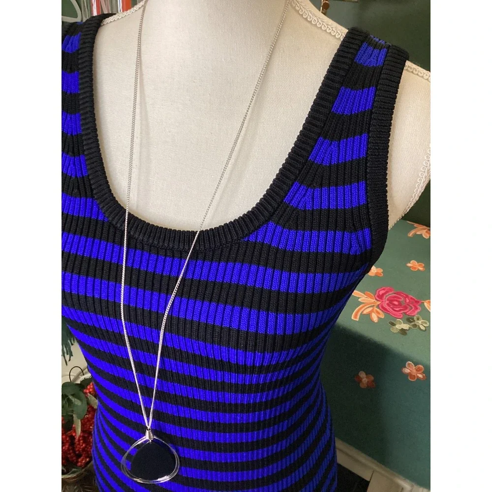 Michael Kors Blue Black Striped Ribbed‎ Knit Bodycon Midi Dress Medium